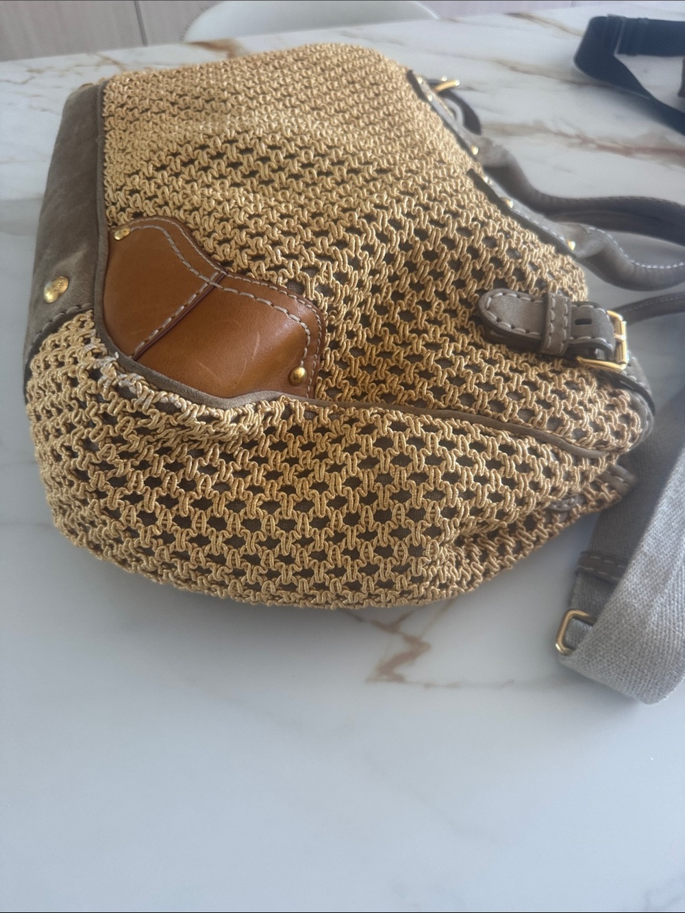 Prada Yellow Crochet Shoulder Bag with Taupe Leather Trim and shopping bag - Picture 6 of 16